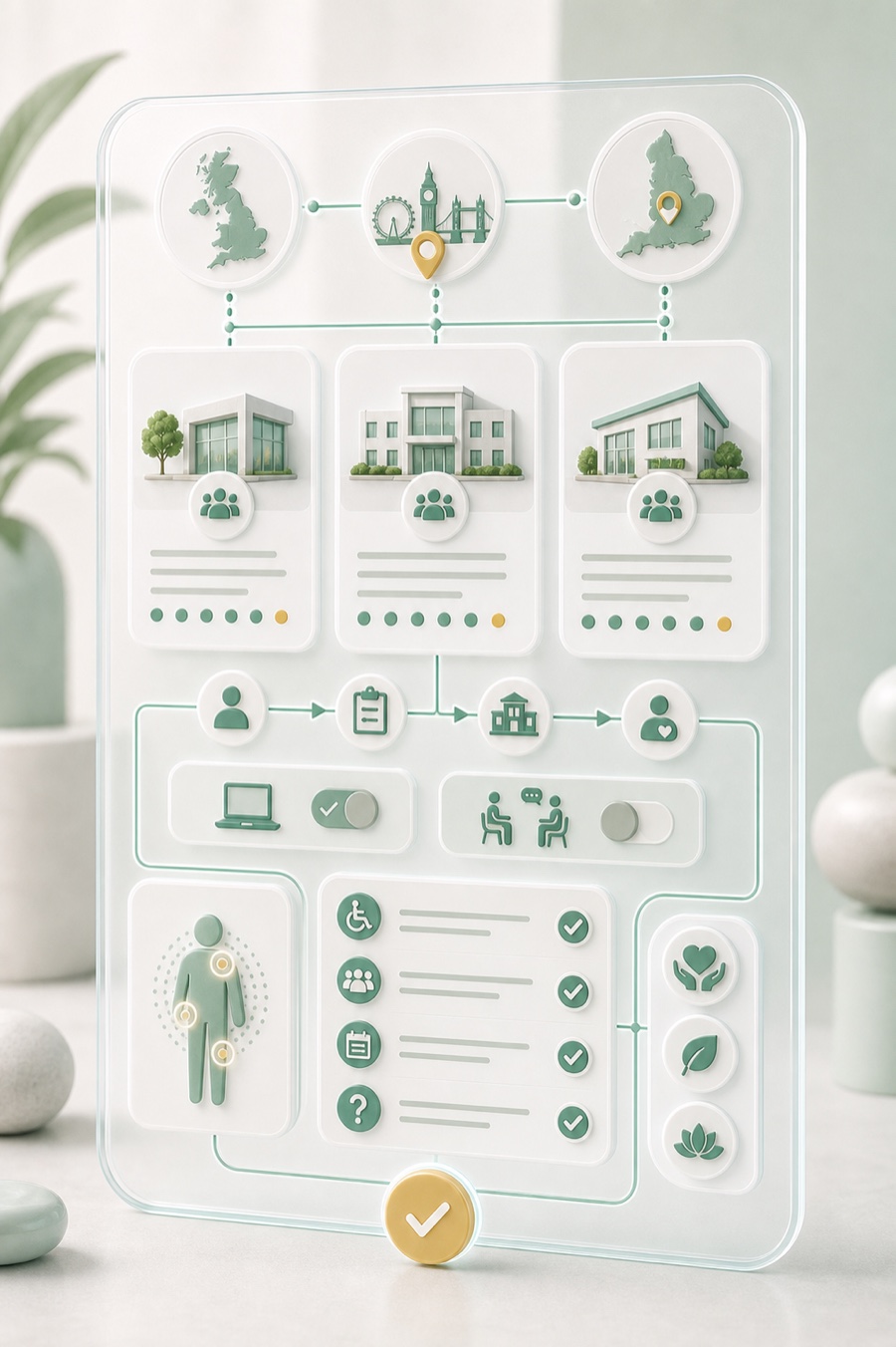 Editorial illustration of UK and London clinic cards connected to chronic pain referral, appointment format, access, and follow-up checklist signals.
