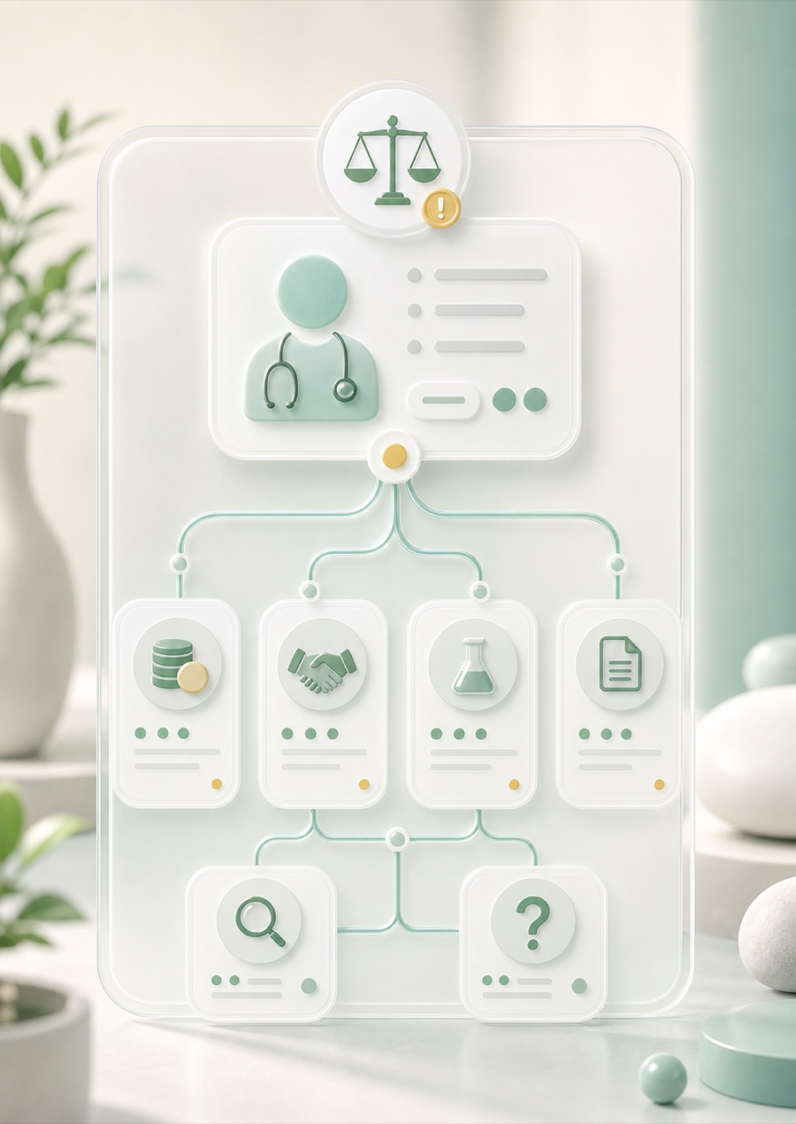 Editorial illustration of a doctor profile connected to payment, referral, product, document, and question signals.
