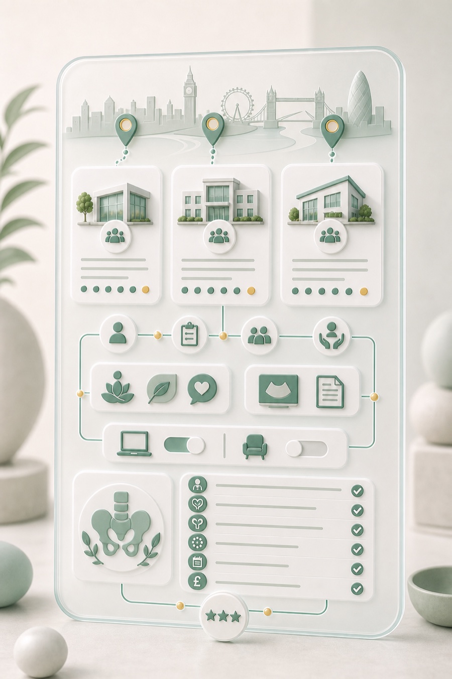 Editorial illustration of London clinic cards connected to endometriosis referral, imaging, pelvic-health support, appointment format, cost, and follow-up checklist signals.