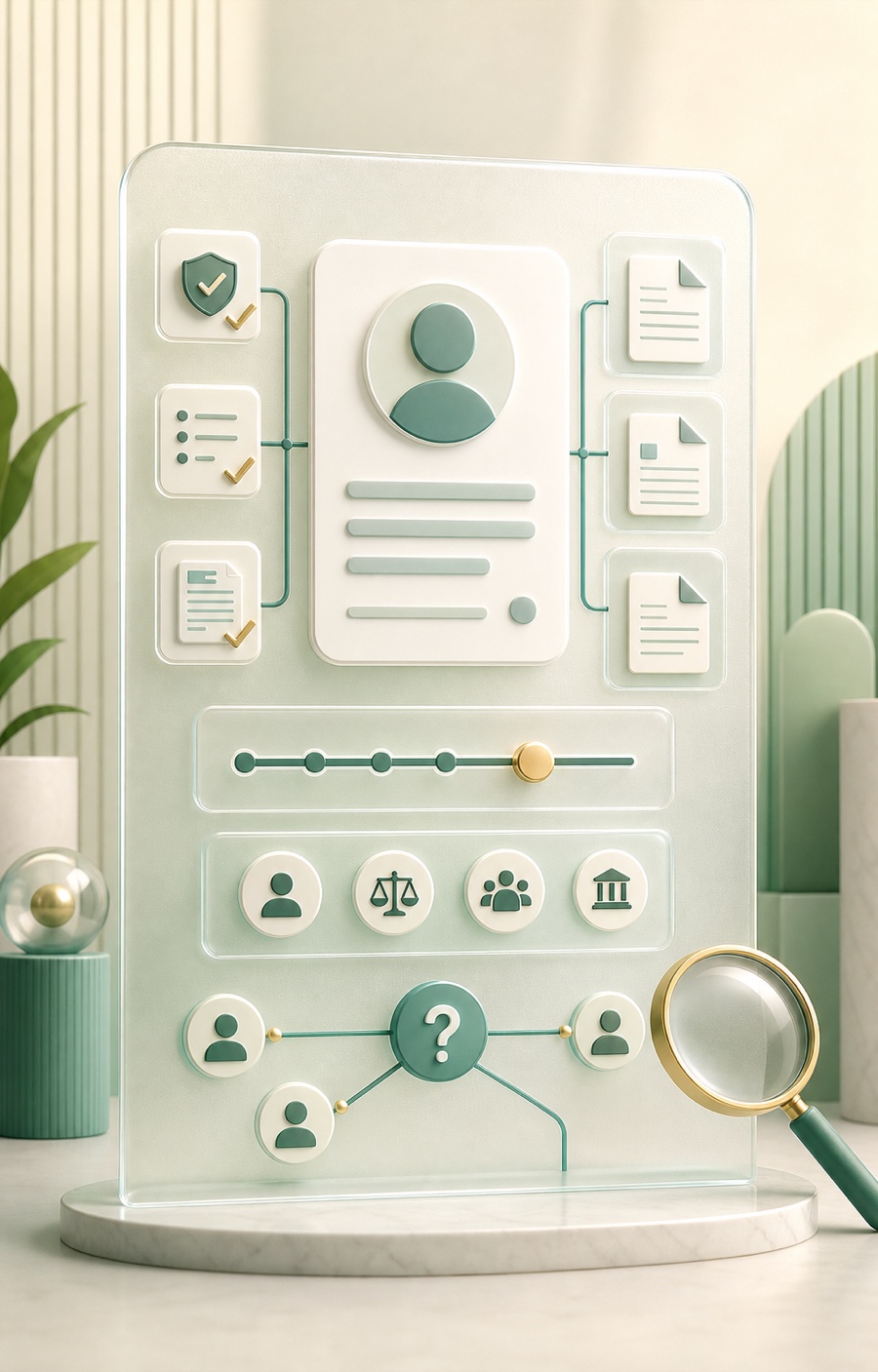 Editorial illustration of a doctor profile board with transparency controls, checkmarks, documents, and patient question signals.