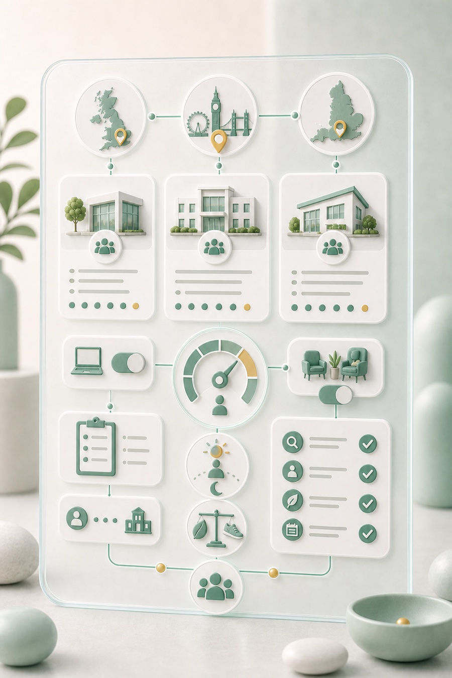 Editorial illustration of UK and London clinic cards connected to ME/CFS pacing, access, referral, remote appointment, and follow-up checklist signals.