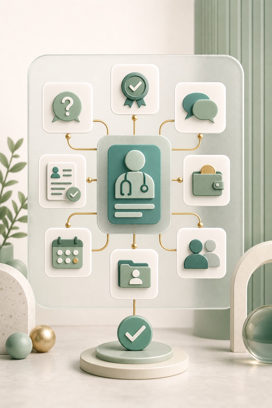 Editorial illustration of patient question cards connected to a doctor profile and next-step checkmark.