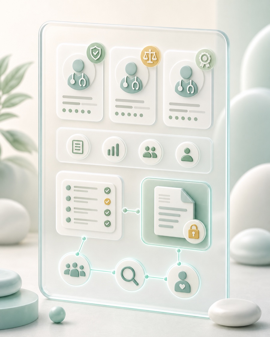 Editorial illustration of doctor profile cards connected to disclosure and public information signals.